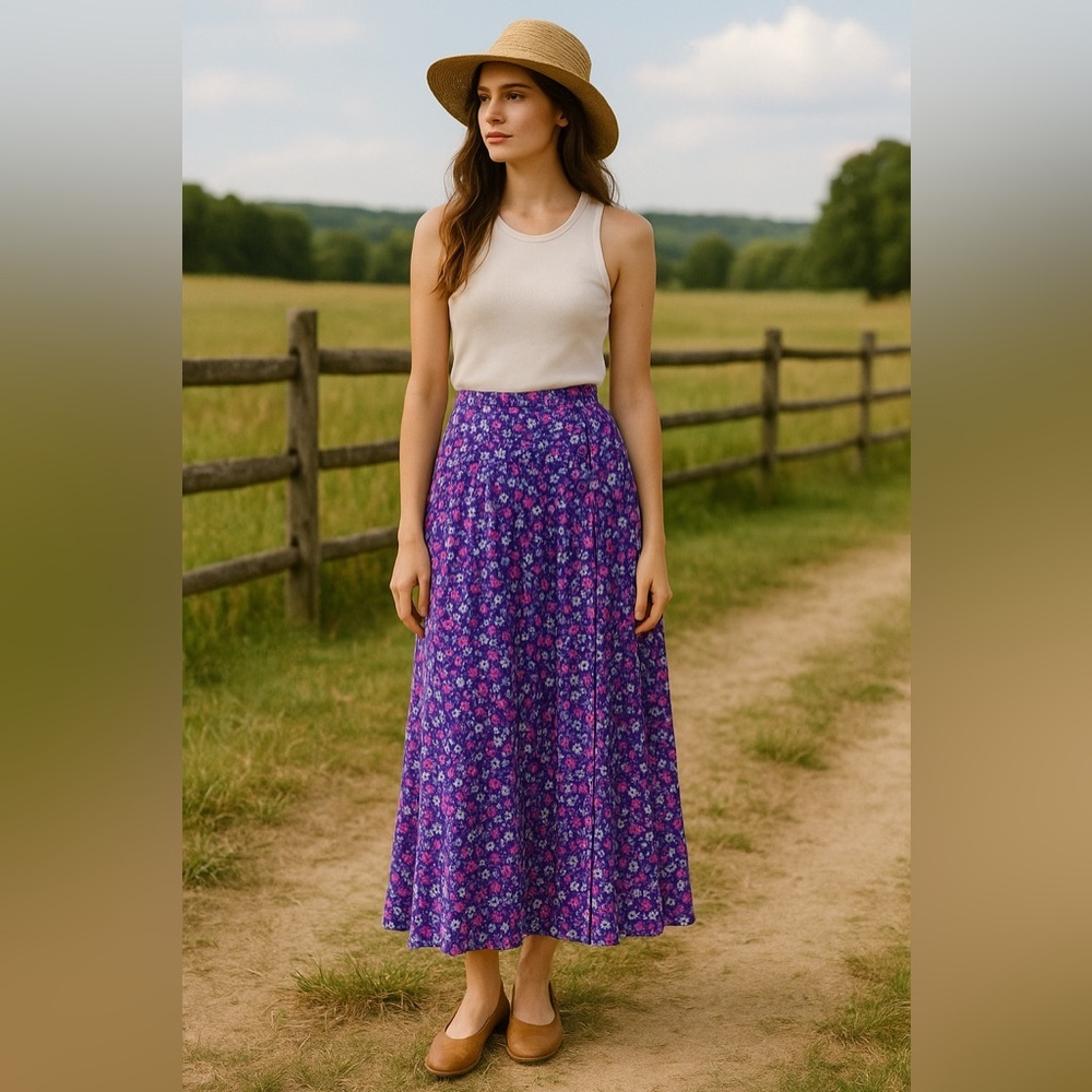 Vintage Diane Von Furstenberg Purple & White Ditsy Floral Maxi Skirt Size 8